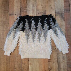 Boho Fringe Colorblock Geometric Pullover Sweater | Shaggy Knit Size M